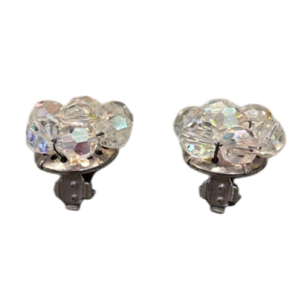 Vintage Earrings Aurora Borealis Crystal Beaded Flowers Clip On 50s 60s Jewelry - Picture 5 of 16